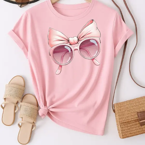 Camiseta Feminina Oversize Estampa Oculos e Laço