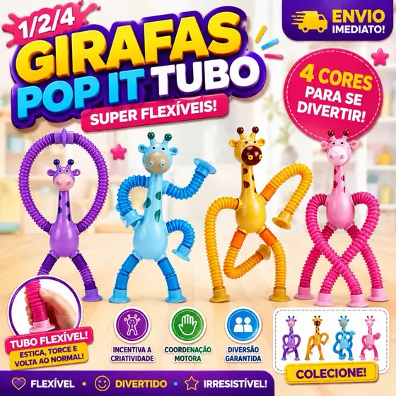 Kit 1/2/4 Girafas Pop it melman Tube Estica e Gruda com Ventosa