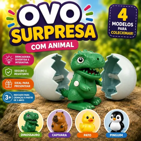 Brinquedo Ovo Surpresa a Corda com Animal Capivara Pato Pinguim ou Dinossauro 4 Modelos Presente Colecionavel