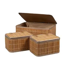 Conjunto 3 Caixa Cesto Organizador Retangular Bambu Tampa 23 36cm Marrom Decoração Casa Premium
