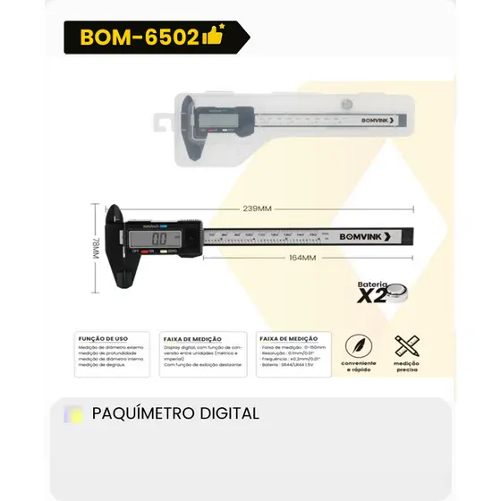 Paquímetro Digital 0-150MM 0,01MM Precisão Para Uso Industrial e Doméstico BOM-6502