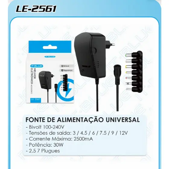 Kenux Fonte Universal Bivolt Regulável 3v 4.5v 6v 7.5v 9v 12v 3a 30w 7 Pinos LE-2561