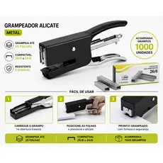 Grampeador De Mão Alicate Metal 25 Folhas Papel 26/6 - 24/6 + Grampo (1000 Unidades) cor PRETO !!!