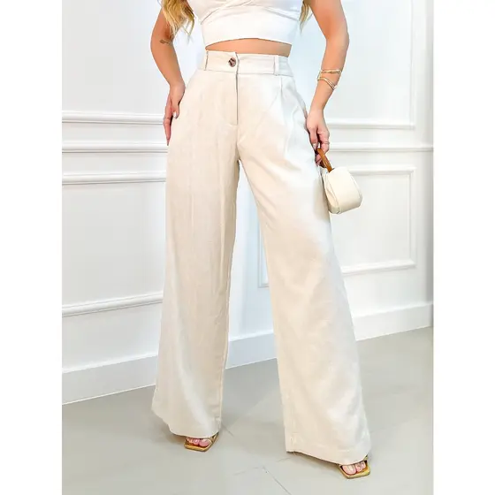 EMILI -CALCA FEMININA LINHO PANTALONA FLUIR/CINTURA ALTA/ ZIPER E BOTÕES/ PANTALONA AMPLA NA PERNA.- #9377