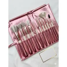 Kit Pincéis de Maquiagem Profissional + Estojo Luxo Portátil Rosa Brilho Completo