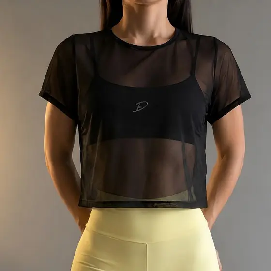 Cropped De Tule Transparência Manga Curta Blusa Segunda Pele Feminina Para Sobreposição Balada Academia