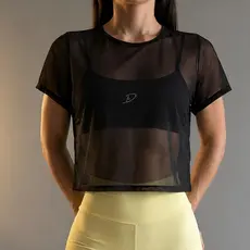 Cropped De Tule Transparência Manga Curta Blusa Segunda Pele Feminina Para Sobreposição Balada Academia