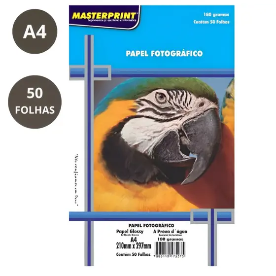 50 Folhas de Papel Fotográfico Masterprint 180g A4 Folhas Glossy  – Brilho Profissional