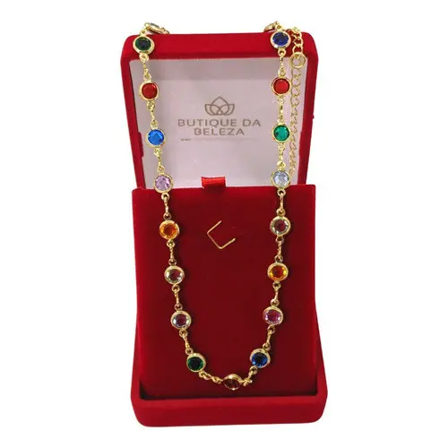 Colar Gargantilha Folheada Choker Pedras Coloridas Redondas 32cm - Acompanha Caixa de Veludo de Luxo