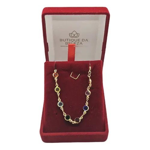 Colar Gargantilha Feminina Folheada a Ouro Pedras Coloridas Redondas 60cm