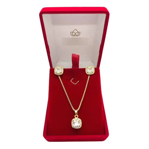 Colar Feminino e Brinco Folheado com Pedras Cravejadas 45cm - Caixa de Luxo