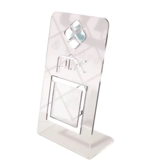 Placa Pix para Pagamento em Acrilico Com Espelhado Prata QrCode Balcão e Mesa