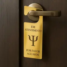 Placa Profissional de Porta Em Atendimento Por Favor Aguarde Em Acrílico Espelhado