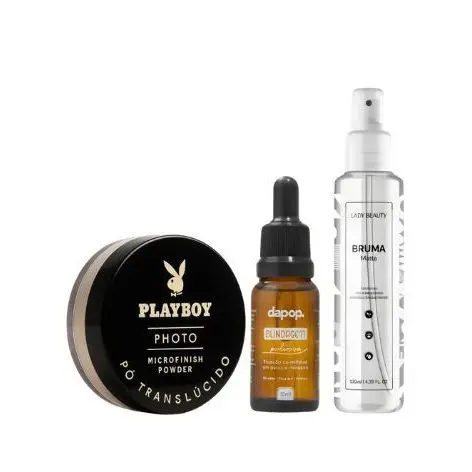 Kit Pó Microfinish Powder Playboy + Bruma Fixadora Matte Lady Beauty + Blindagem Poderosa 15ml Dapop