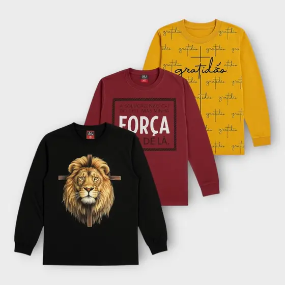 3 CAMISETA MANGA LONGA RELIGIOSA JUVENIL MENINOS TRADICIONAL 10-16