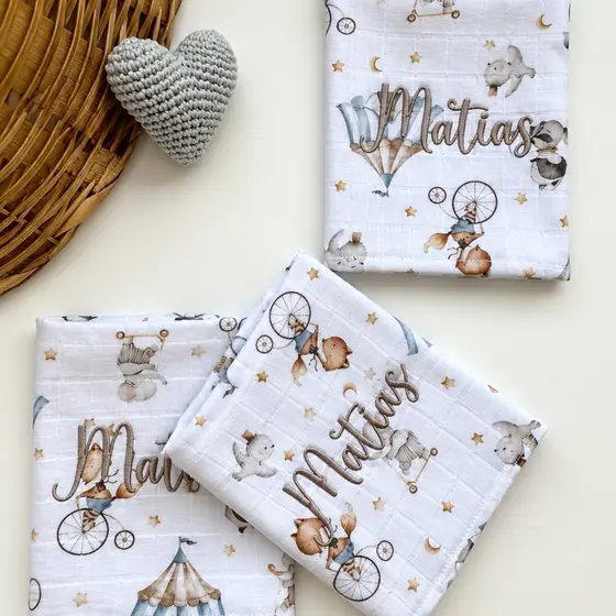 Kit 3 Fralda de Boca para Bebê Personalizada com nome 100% Algodão.
