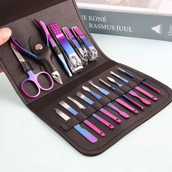 Kit 16 Peças Cortador De Unhas Ferramentas Empurrador Cutícula Aço Inoxidável