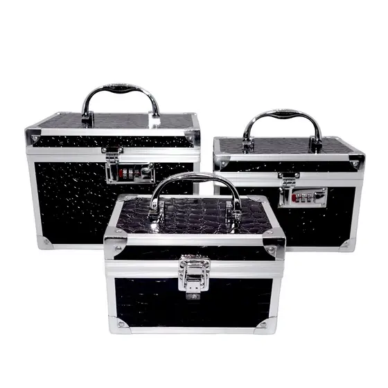 Kit 3 Maletas de Maquiagem Profissional com Segredo Numérico Luxo Preta Croco - Tamanhos P M G
