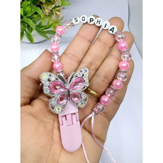 Prendedor de Chupeta Personalizado Coleção Luxo – Borboleta, Urso e Lacinho