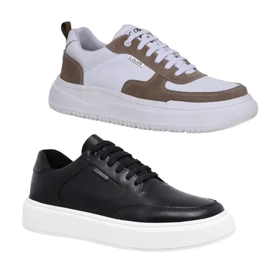 Tênis Casual Kit 2 Pares Calce Fácil Couro Palmilha Gel Confort Sola Alta Cadarço
