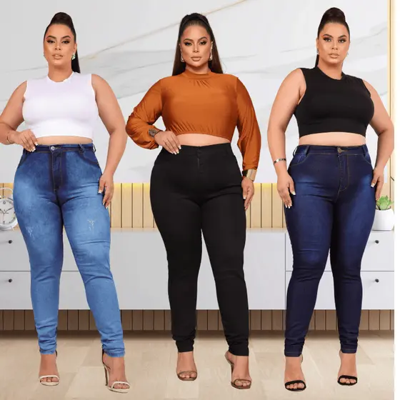 KIT 03 Calças Jeans Feminina Plus Size Com Elastano Levanta Bumbum do 46 ao 56