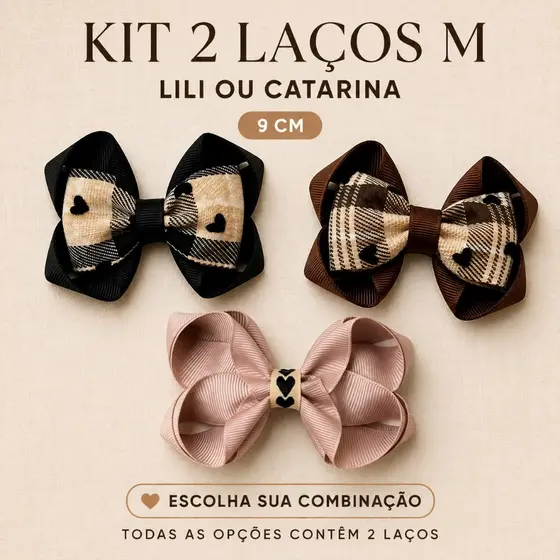Kit 2 Laços Infantil Boutique Lili ou Catarina M 9cm Xadrez Corações Veludo Bico de Pato
