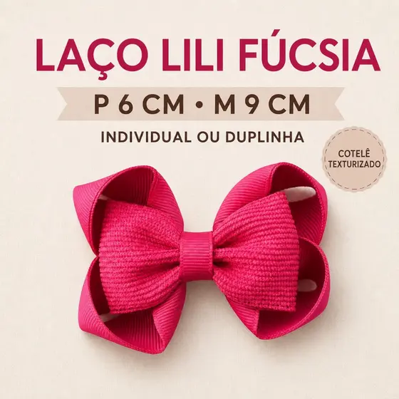 Laço de Cabelo Infantil Lili Fúcsia Cotelê P 6cm M 9cm Individual ou Duplinha Presilha Bico de Pato