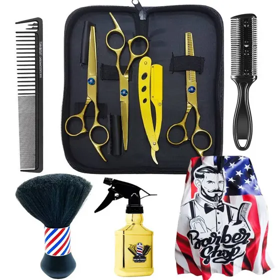 KIT TESOURAS CABELEIREIRO BARBEIRO DOURADO + CAPA CORTE ESTAMPADA + PENTE NAVALHA+ ESPANADOR + PENTE CABELO + BORRIFADOR