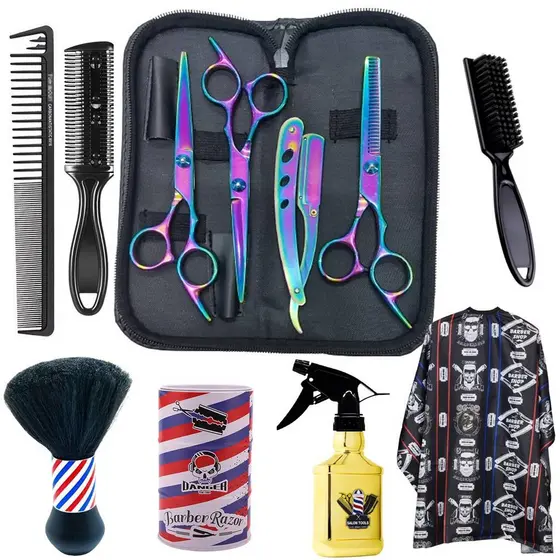 KIT TESOURAS FURTA  + CAPA CORTE  +PENTE NAVALHA+ ESPANADOR + PENTE CABELO + BORRIFADOR + ESCOVINHA+ DESCARTE LAMINA