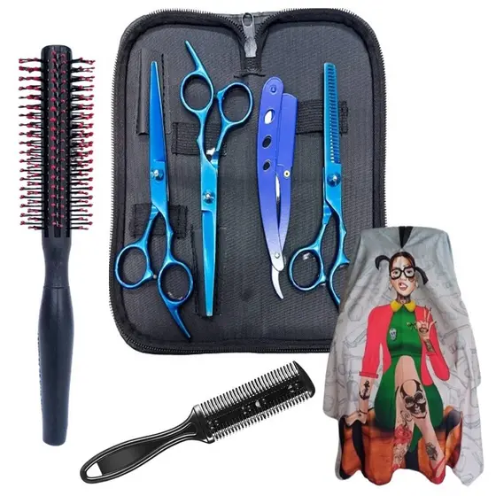 KIT TESOURAS LASER NAVALHA DESFIADEIRA CABELEIREIRO BARBEIRO AZUL + CAPA CORTE ESTAMPADA + PENTE NAVALHA + ESCOVA