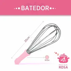 Batedor fuet, fue tipo pera 25 cm na cor rosa - EXCLUSIVO- mais resistente com arame que não enferruja confeitaria