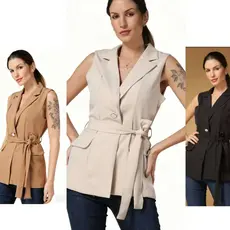 Varlea colete feminino longo comprido alfaiataria moda com cinto