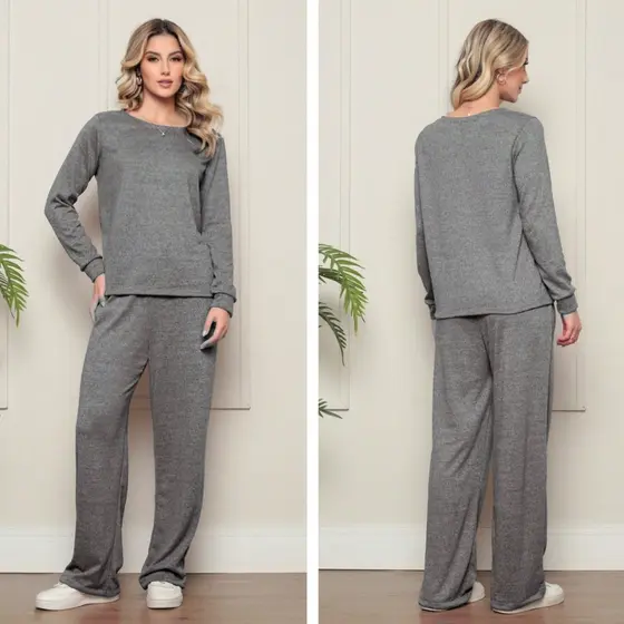 Blusa conjunto feminina de lazinho manga longa com calca pantalona