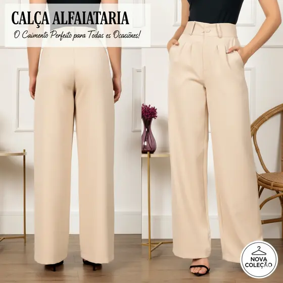 Calça Pantalona Alfaiataria Feminina  | Cintura Alta Com Pregas Conforto & Estilo P ao G3