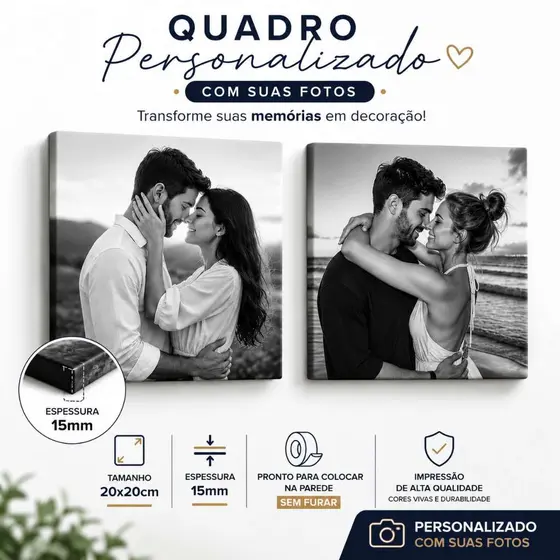 Quadro Personalizado com Foto 20x20cm | Presente para Casal, Família, Namorados, Filhos, Borda Infinita