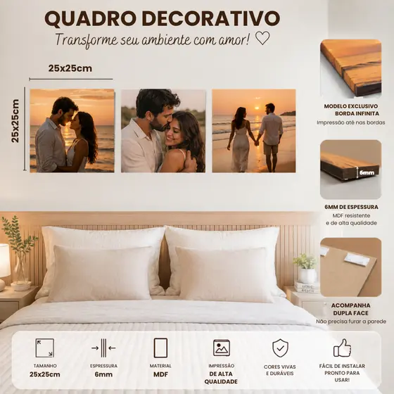 Kit 3 Quadro Decorativo Parede 25x25 MDF 6mm Borda Infinita Com Dupla Face