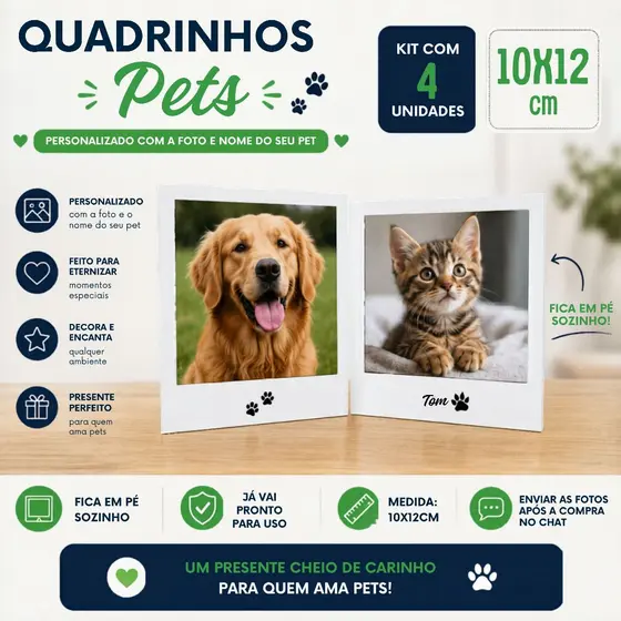 Kit 4 Quadros Pets Personalizados com Foto e Nome 10x12cm | Porta Retrato Pet de Mesa