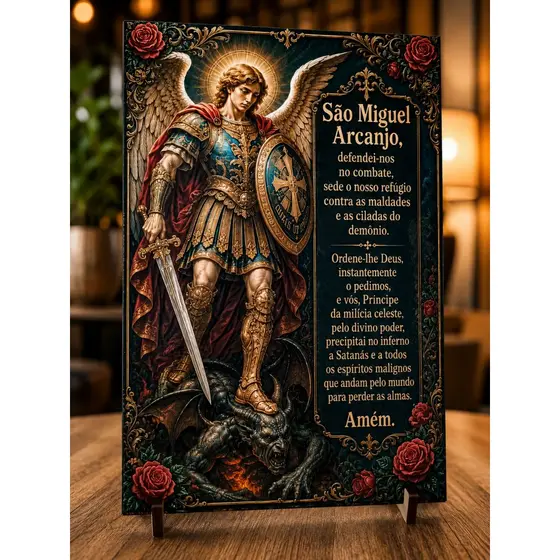 Quadro Religioso São Miguel Arcanjo com Oração de Proteção