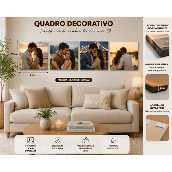 Kit 4 Quadro Decorativo Parede 25x25 MDF 6mm Borda Infinita Com Dupla Face