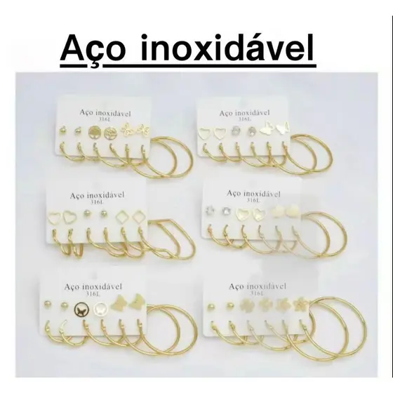kit 6 pares Conjunto Aço inoxidável de brinco para mulheres – brinco de argola e ouro