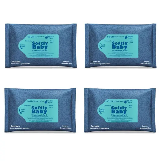 240un Lenço Umedecido Softly Baby Com Vitaminas A e C, Aloe Vera e Camomila - Suave e Hipoalergênico