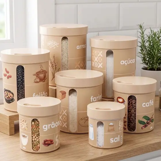 Kit 7 Potes De Mantimentos Decorados Plástico Cafe Acucar Arroz Jogo de Potes Para Cozinha Armazenamento