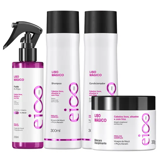 Eico Pro Liso Mágico Shampoo Condicionador Máscara 300ml + Spray Finalizador Protetor Térmico 200ml
