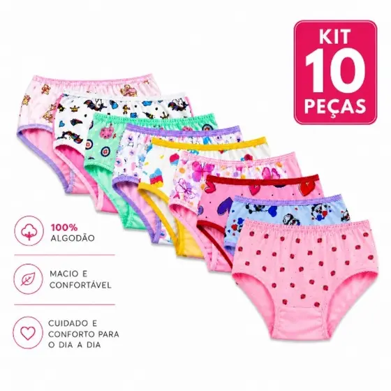 Kit 10 Calcinhas Infantis Estampadas 100% Algodão com Forro de Algodão Cores Sortidas