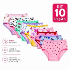 Kit 10 Calcinhas Infantis Estampadas 100% Algodão com Forro de Algodão Cores Sortidas