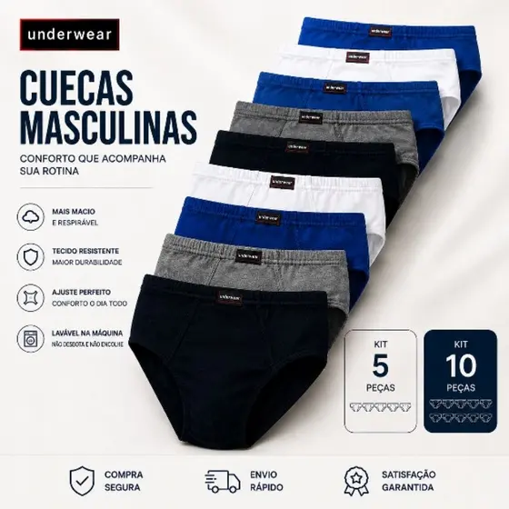 Kit 5 ou 10 Cuecas Slip Masculinas Algodão Confortável Adulto P M G GG