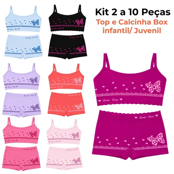 Kit com 2 a 10 Peças - Calcinha Box e Top Infantil /Juvenil Bordado Estampado Qualidade Menina