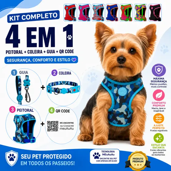 Kit Com 4 Peças Peitoral + Coleira + Guia + Qr Code Localizador Pet Cachorro Cães