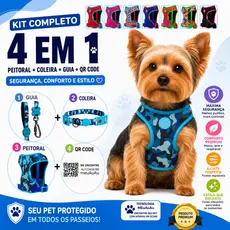 Kit Com 4 Peças Peitoral + Coleira + Guia + Qr Code Localizador Pet Cachorro Cães