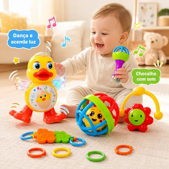 Brinquedos Kit 8 Peças Chocalhos Sensoriais Infantil + Pato Dance Musical com Luzes LED Brinquedos Coloridos Educativos
